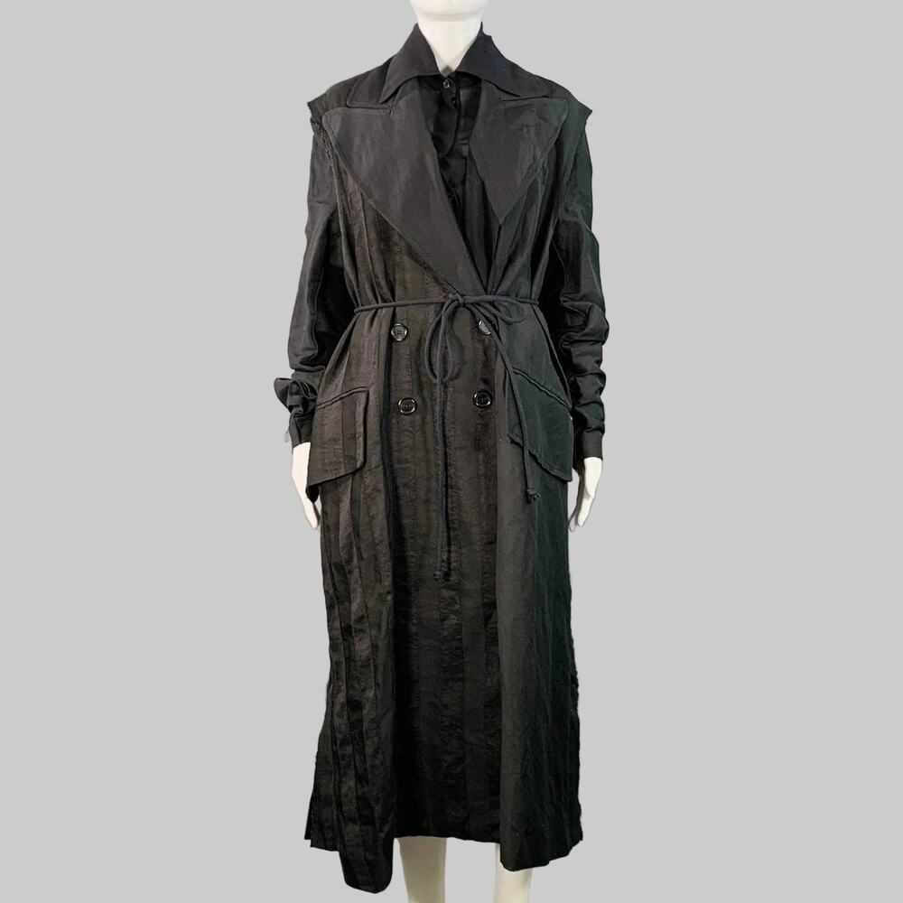 ANN DEMEULEMEESTER S Black Linen Blend Striped Layered Double Breasted Trench